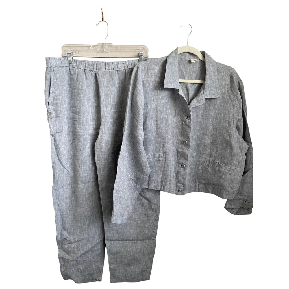 Eileen Fisher Organic Linen 2 Piece Set Jacket and Pants Blue Gray Large